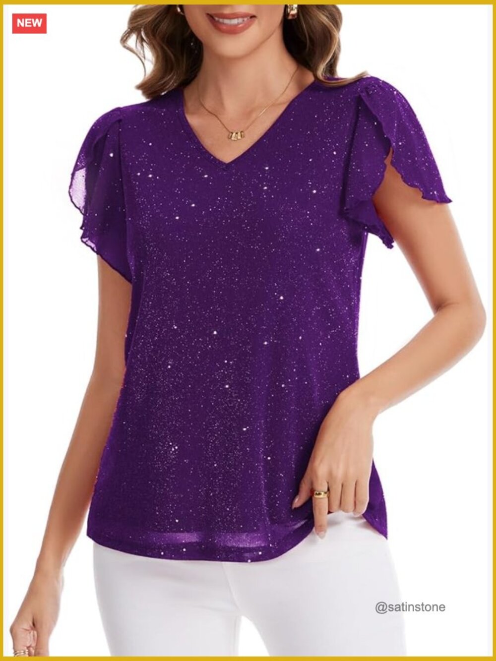Double Layer V Neck Sparkly Tunic Top with Split Sleeves